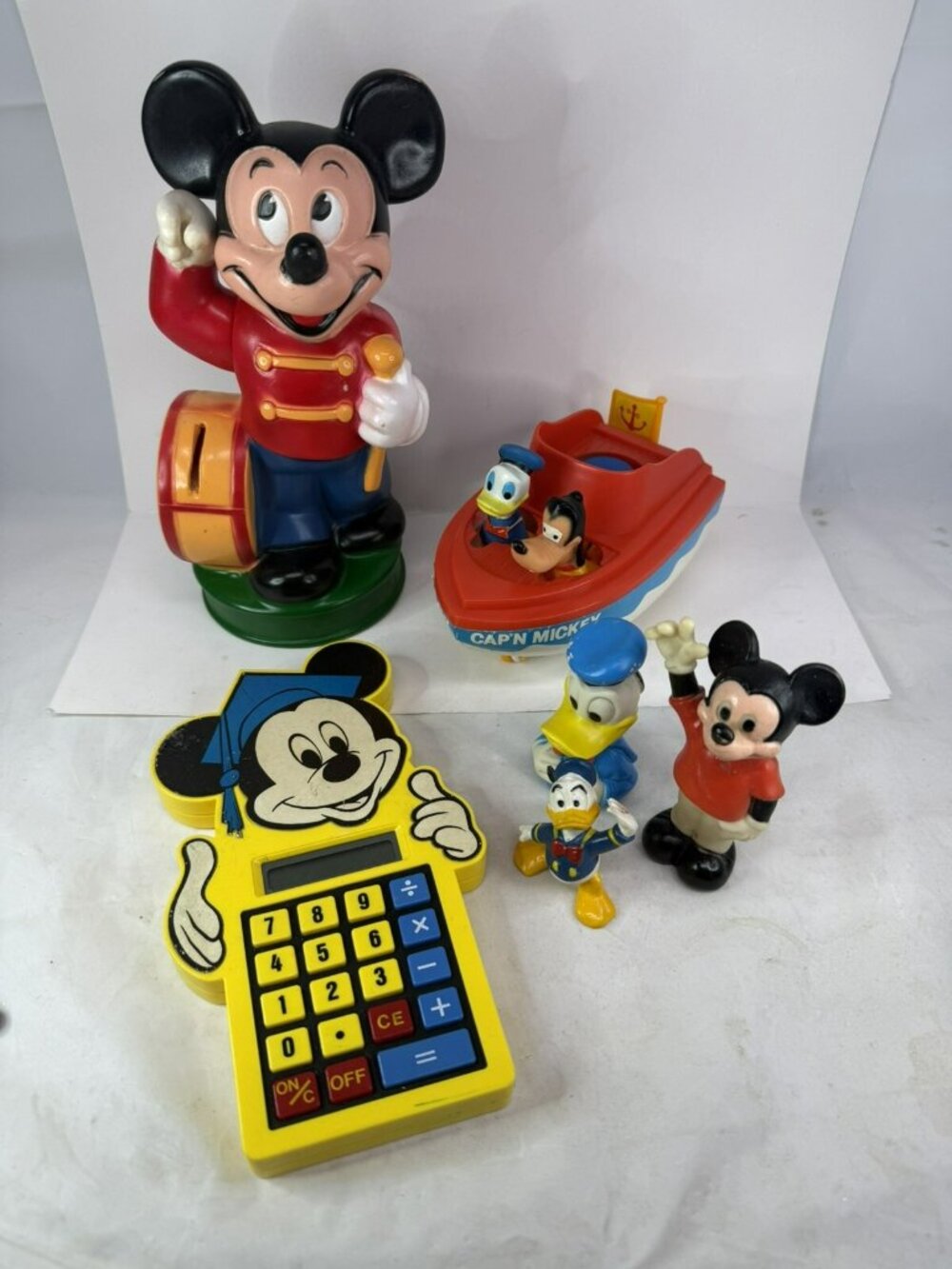 LOT Vintage Mickey Mouse Rubber Bank W/ STOPPER Calculator Figures Donald Goofy - Picture 2 of 13
